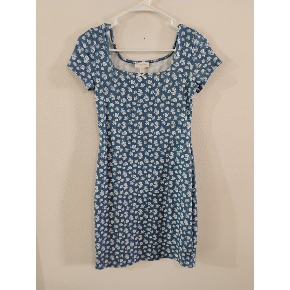 See You Monday Blue Floral Ribbed Bodycon Mini Dress Square Neck Bow Accent M